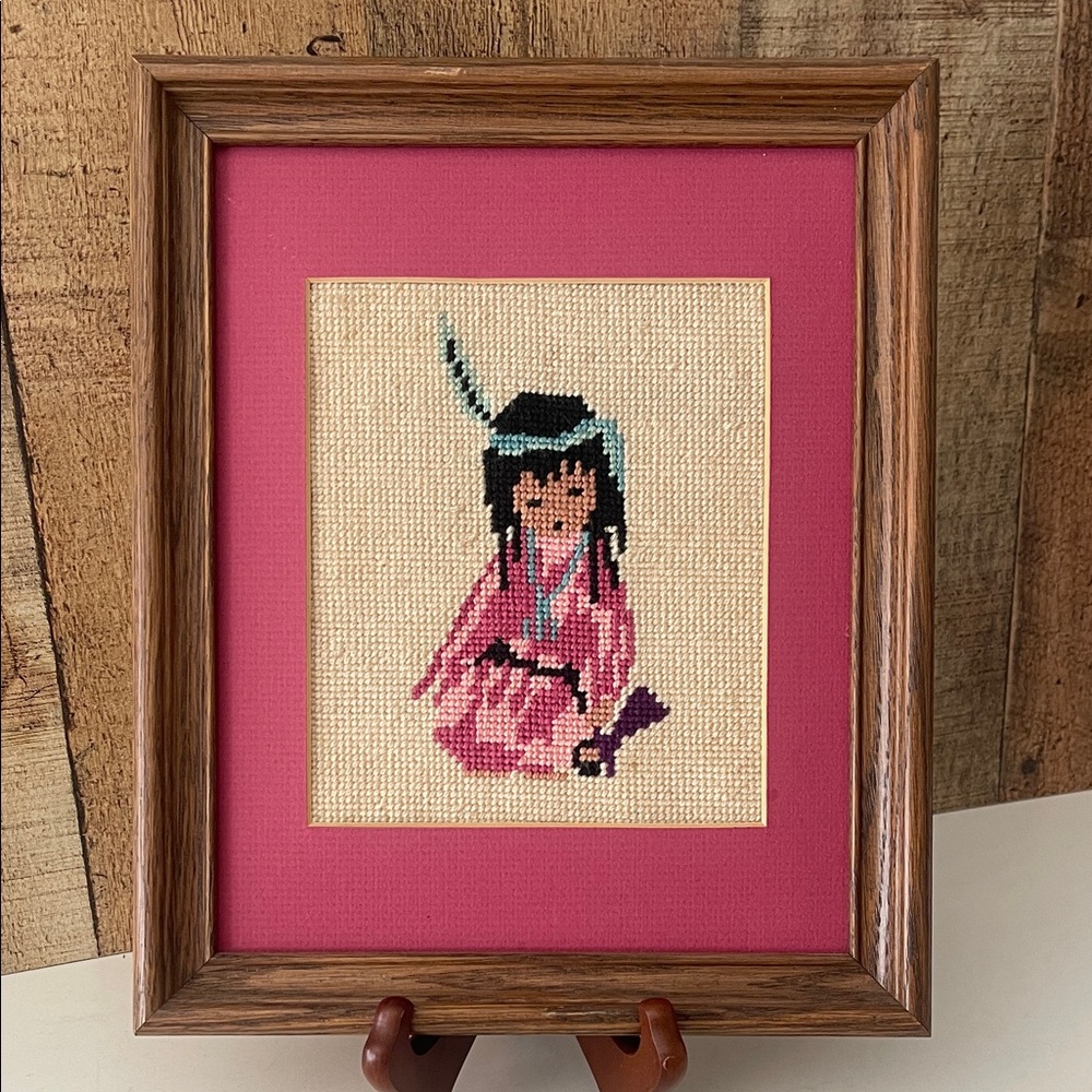 Vintage Framed Cross Stitch Indigenous Native American Girl DeGrazia Art
